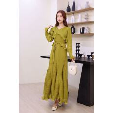 批发欧美跨境三宅木耳边重工褶皱长袖绑带连衣裙显瘦高级感花苞裙长裙