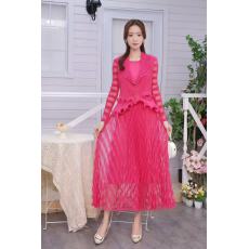 批发<b class='q'>欧美</b>跨境<b class='q'>高端</b>三宅钉珠网纱拼接西装领褶皱长袖收腰木耳边女连衣裙