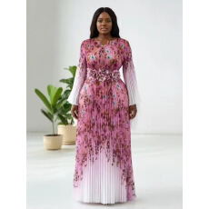 批发跨境欧美非洲三宅设计感褶皱收腰立体花朵装饰喇叭袖<b class='q'>连衣裙</b>印花裙