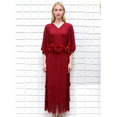 批发欧美跨境大码三宅<b class='q'>连衣裙</b>褶皱立体花朵装饰龙鳞褶流苏长裙V领宽松