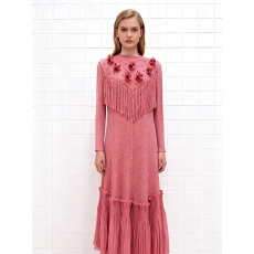 批发跨境欧美龙鳞褶三宅荷叶边钉珠长袖流苏褶皱立体花朵装饰<b class='q'>连衣裙</b>女