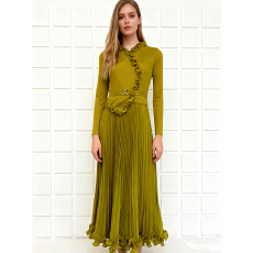 批发欧美跨境三宅木耳边收腰显瘦宽松法式褶皱优雅宽松金属扣女<b class='q'>连衣裙</b>