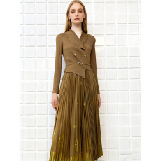 批发欧美跨境三宅西服领烫金优雅百褶<b class='q'>连衣裙</b>收腰显瘦法式褶皱大码长裙