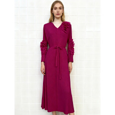 批发欧美跨境三宅立体花朵装饰褶皱宽松龙鳞褶优雅宽松绑带盘花<b class='q'>连衣裙</b>