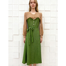 批发欧美跨境三宅拼色花苞袖木耳边绑带高腰龙鳞褶金属扣褶皱女<b class='q'>连衣裙</b>