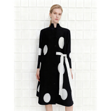 批发欧美跨境三宅飘带宽松褶皱波点印花开衫<b class='q'>连衣裙</b>百搭长袖立领衬衫裙