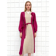 批发欧美跨境三宅灯笼袖立体花朵装饰拼色绑带褶皱优雅鱼鳞褶女<b class='q'>连衣裙</b>