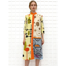 批发原厂质量优惠直发 三宅褶皱中长款<b class='q'>印花</b>显瘦减龄mm装九分袖<b class='q'>连衣裙</b>