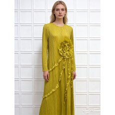 批发欧美跨境重工三宅压褶立体花朵装饰盘花褶皱荷叶边宽松气质连衣裙