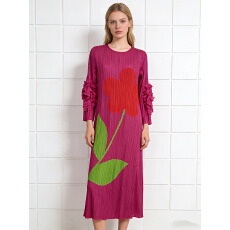 批发欧美跨境三宅<b class='q'>大码</b><b class='q'>女</b>装盘花褶皱喇叭袖印花宽松优雅圆领长裙<b class='q'>连衣裙</b>