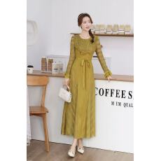 批发欧美跨境三宅复古木耳边<b class='q'>网纱</b>钉珠绑带褶皱连衣裙休闲设计感女<b class='q'>长裙</b>