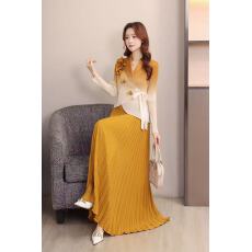 批发欧美非洲跨境三宅立体花朵装饰绑带假两件渐变色褶皱百褶裙连衣裙