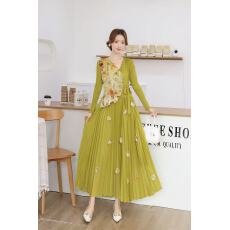 批发欧美非洲跨境三宅木耳边印花钉珠钉钻百褶裙立体花朵装饰褶皱长裙