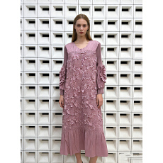 批发欧美跨境三宅手工褶重工荷叶边盘花灯笼袖褶皱宽松大码长裙A字裙