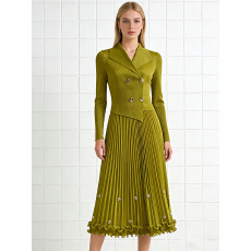 批发欧美跨境三宅密边木耳边钉珠设计感西装领气质收腰褶皱法式连衣裙