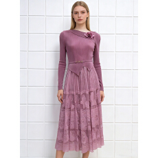 批发欧美跨境三宅法式优雅褶皱连衣裙立体花朵装饰蕾丝网纱设计感长裙