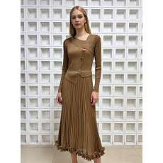 批发欧美跨境三宅小香风木耳边金属扣设计感褶皱连衣裙法式优雅百褶裙