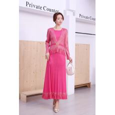 批发欧美中东跨境三宅烫金钉珠拼接长袖流苏高腰绑带褶皱假两件<b class='q'>连衣裙</b>