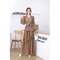 批发欧美中东跨境三宅<b class='q'>灯笼</b>袖绑带钉珠设计感木耳边不规则褶皱女连衣<b class='q'>裙</b>