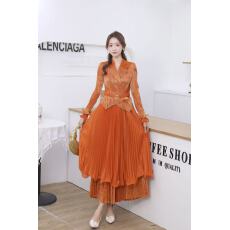 批发欧美中东跨境三宅烫金西装领木耳边褶皱高腰绑带<b class='q'>轻熟</b>风宽松连衣裙