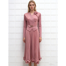 批发欧美中东三宅立体花朵装饰绑带高腰木耳边褶皱宽松优雅气质百褶裙