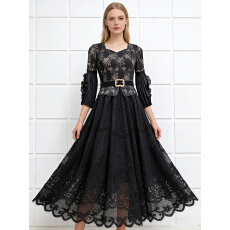 批发欧美东南亚跨境三宅高腰绑带盘花蕾丝镂空褶皱<b class='q'>拼接</b>喇叭袖轻熟长裙