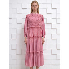 批发欧美中东三宅钉珠长袖<b class='q'>拼接</b>卷边木耳边蛋糕裙长裙褶皱重工女<b class='q'>连衣裙</b>