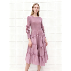 批发欧美东南亚跨境三宅拼接盘花优雅宽松<b class='q'>显瘦</b>大码mm圆领褶皱女连衣裙