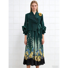 批发外贸三宅非洲欧美印花订花盘花立体装饰褶皱<b class='q'>连衣裙</b>优雅西装领女装