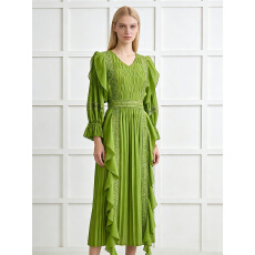 批发欧美东南亚跨境三宅亮片镂空蕾丝花边褶皱灯笼袖拼接荷叶边连衣裙