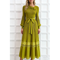 批发<b class='q'>欧美</b>东南亚跨境三宅高腰绑带灯笼袖拼接蕾丝立体花朵装饰褶皱<b class='q'>长裙</b>