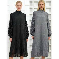 批发三宅重工刺绣泡泡袖褶皱手工褶优雅高奢贵妇跨境<b class='q'>欧美</b>宽松女连衣裙