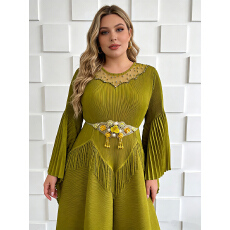 批发三宅重工跨境欧美非洲钉珠订钻流苏喇叭袖<b class='q'>花苞</b>褶皱网纱镂空<b class='q'>连衣裙</b>