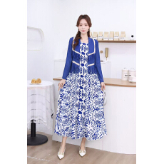 批发三宅外贸欧美拼接流苏钉珠印花褶皱宽松百搭<b class='q'>西服</b>领外套压褶连衣裙