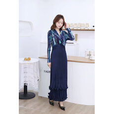 批发三宅东南亚欧美跨境木耳边拼接褶皱<b class='q'>连衣裙</b>西服领长袖优雅修身长裙