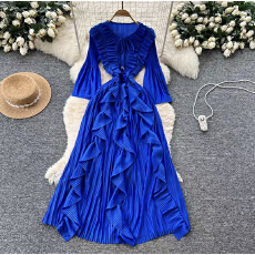 批发三宅跨境复古法式喇叭袖褶皱名媛收腰显瘦荷叶边礼服韩版女<b class='q'>连衣裙</b>