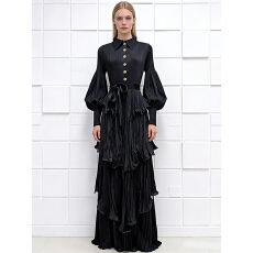 批发三宅外贸欧美重工木耳边翻领灯笼袖褶皱蛋糕裙绑带收腰纽扣<b class='q'>连衣裙</b>