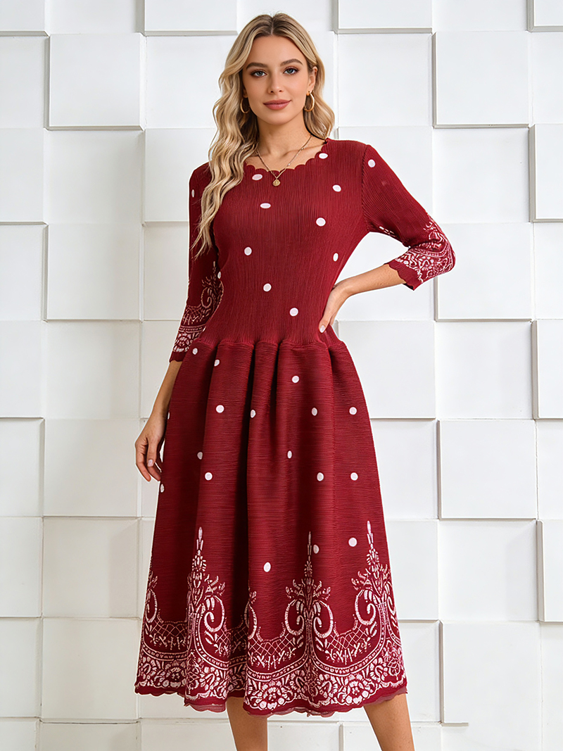 RY1931# 三宅复古风褶皱宽松高腰拼接印花弹簧裙新中式连衣裙mm装大码女装