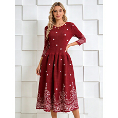 批发三宅复古风褶皱宽松高腰拼接印花弹簧裙新中式<b class='q'>连衣裙</b>mm装大码女装