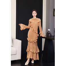 批发三宅重工欧美木耳边<b class='q'>外贸</b>蛋糕裙荷叶边宽松大码女装褶皱披肩<b class='q'>连衣裙</b>