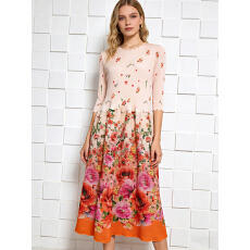 批发三宅复古风褶皱宽松高腰拼接印花弹簧裙新中式<b class='q'>连衣裙</b>mm装大码女装