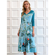 批发三宅中国风A字裙褶皱通勤<b class='q'>连衣裙</b>休闲宽松印花大码女装外贸mm装