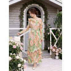 批发三宅外贸木耳边设计感吊带褶皱长袖<b class='q'>连衣裙</b>绑带收腰显瘦印花蛋糕裙