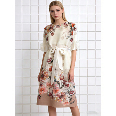 批发三宅外贸印花绑带收腰喇叭袖盘花拼接褶皱<b class='q'>连衣裙</b>宽松显瘦优雅mm装