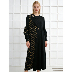 批发三宅外贸欧美蝴蝶烫金优雅褶皱宽松亮面<b class='q'>连衣裙</b>盘花灯笼袖重工长裙