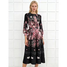 批发三宅温柔风法式<b class='q'>外贸</b>褶皱花苞裙八片裙优雅绑带收腰显瘦印花连衣裙