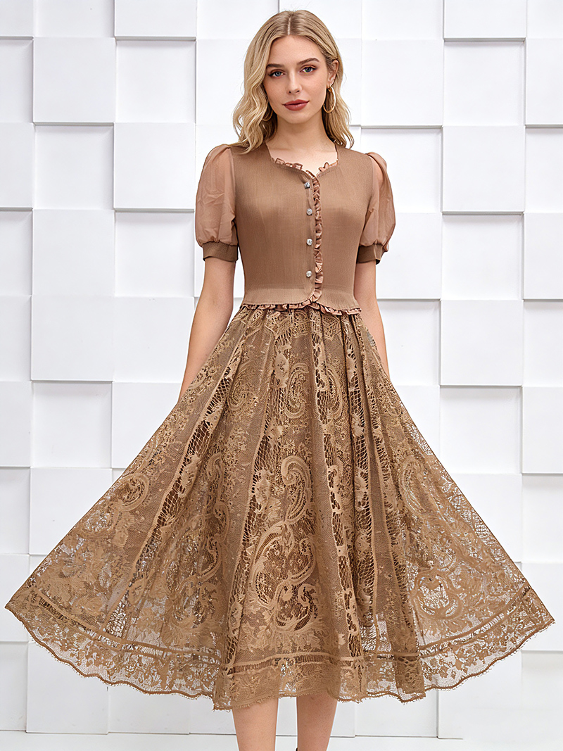 RY1930# 三宅外贸木耳边高腰褶皱显瘦减龄mm装优雅大码女装蕾丝拼接大摆裙