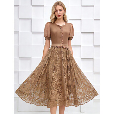 批发三宅外贸木耳边高腰褶皱显瘦减龄mm装优雅<b class='q'>大码</b>女装蕾丝拼接大摆裙