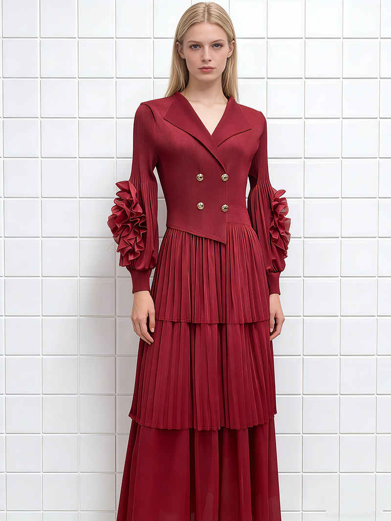 RY1929# 三宅外贸灯笼袖盘花西装领褶皱蛋糕裙荷叶边裙压褶mm装宽松连衣裙