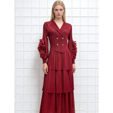 批发三宅<b class='q'>外贸</b>灯笼袖盘花西装领褶皱蛋糕裙荷叶边裙压褶mm装宽松连衣裙